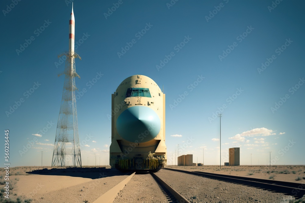 Poster a large rocket sitting on top of a train track next to a tall building with a rocket on top of it's 