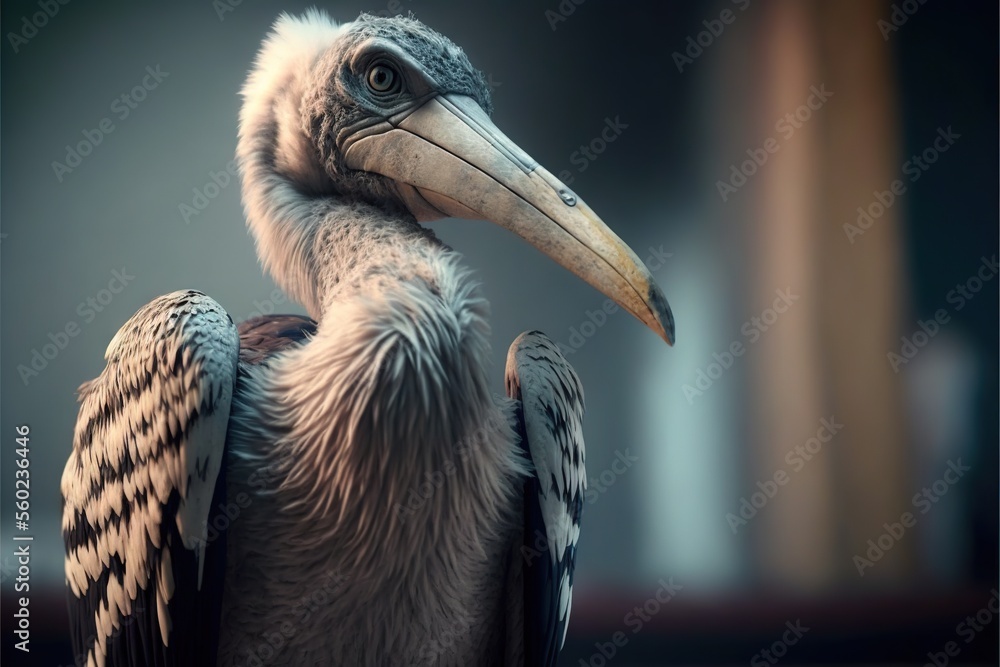 Poster  a bird with a large beak and a long beak standing in front of a window with curtains in the background and a curtain in the background with a curtained window behind it, a., ai, Generative
