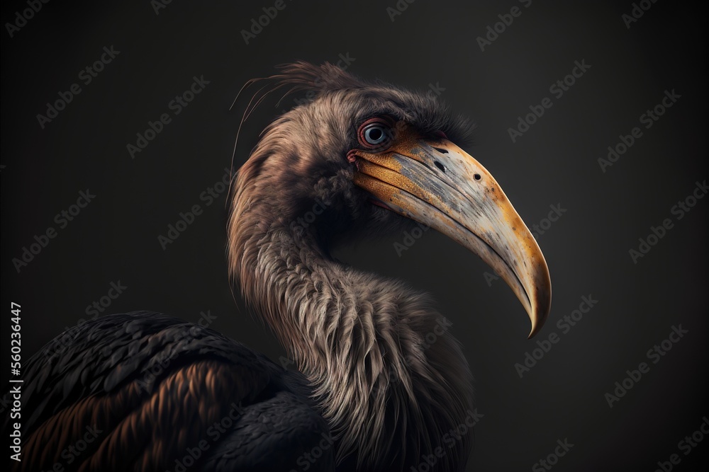 Poster a large bird with a long beak and a long bill is standing in the dark with a black background and a 