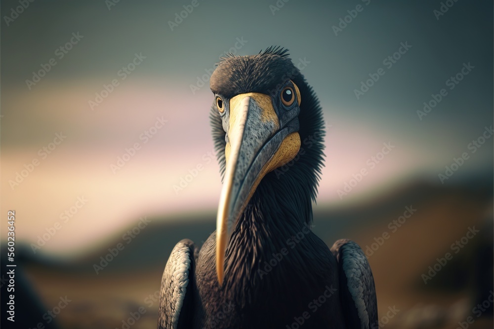 Poster a bird with a large beak standing in a field with a sky background and a few clouds in the distance,