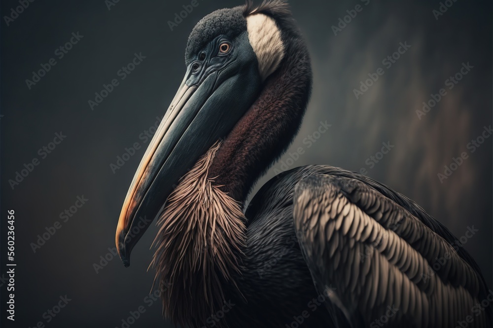 Aufkleber a large bird with a long beak standing in the dark with a black background and a white stripe around