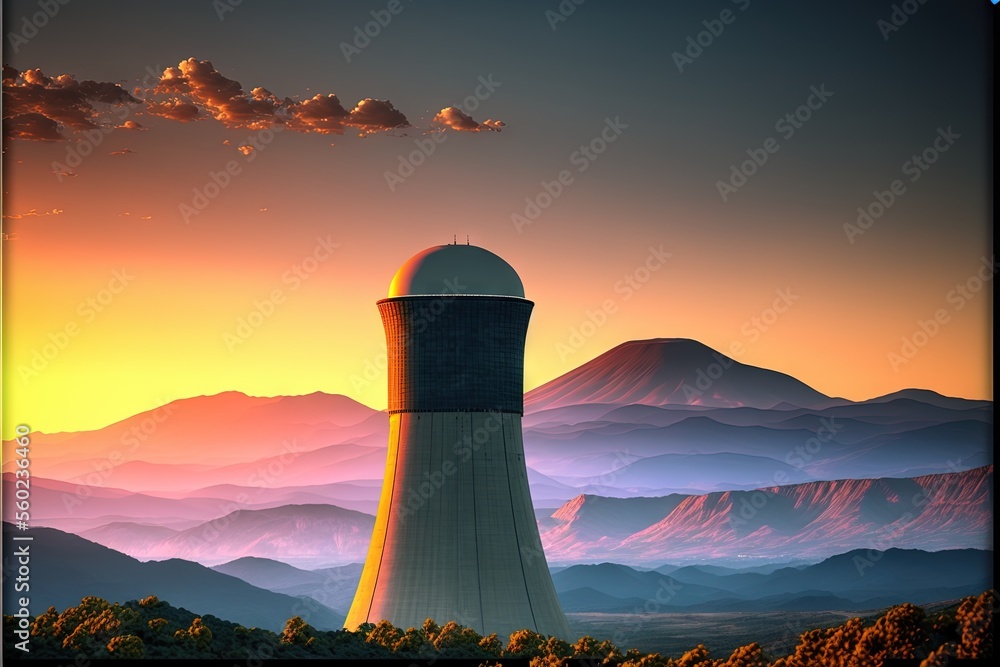 Aufkleber a painting of a tower in the middle of a mountain range at sunset with a colorful sky in the backgro