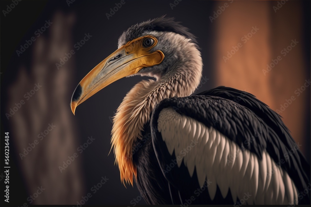 Poster a bird with a long beak and a large beak is standing in front of a dark background with a wooden pan