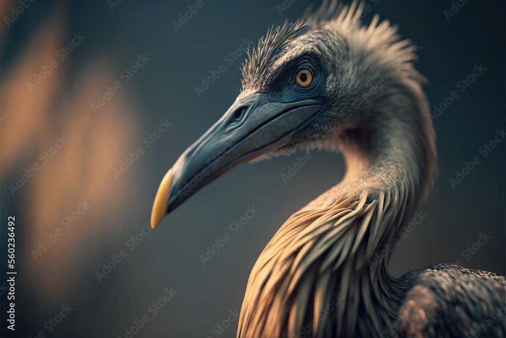 Poster a bird with a long neck and a long beak is standing in front of a dark background with a blurry back