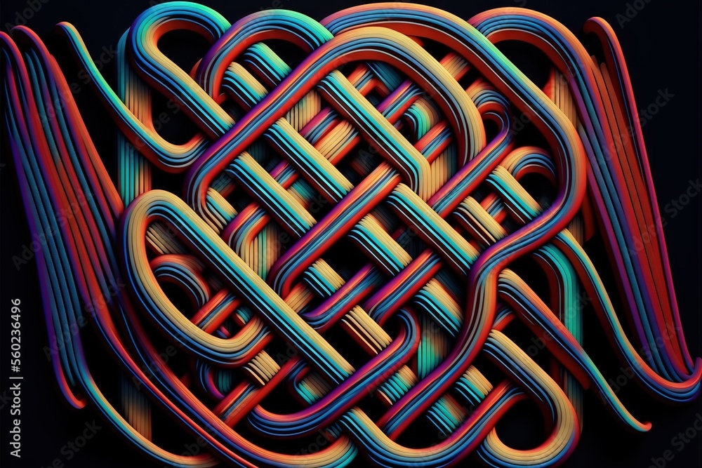 Poster a colorful abstract design with lines and curves on a black background, with a black background and 