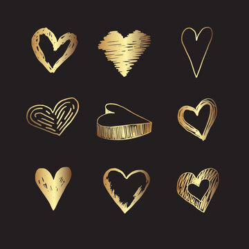 Golden hand drawn hearts. Grunge scribble hearts for Valentine`s day. Minimalist line art with heart doodles on black background