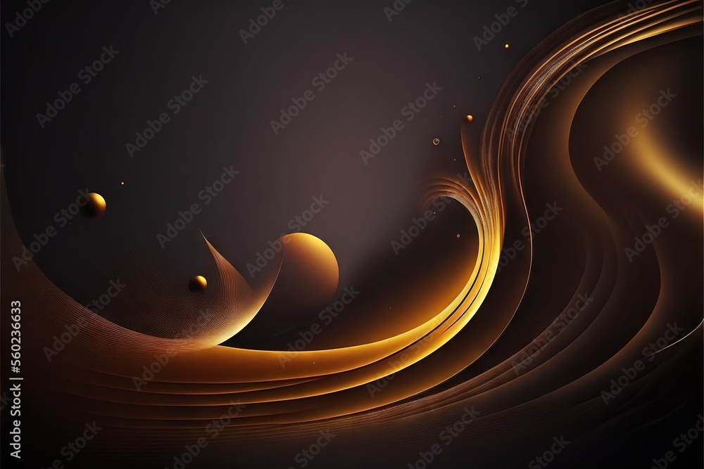 Poster a computer generated image of a dark background with yellow swirls and bubbles on it, with a black b