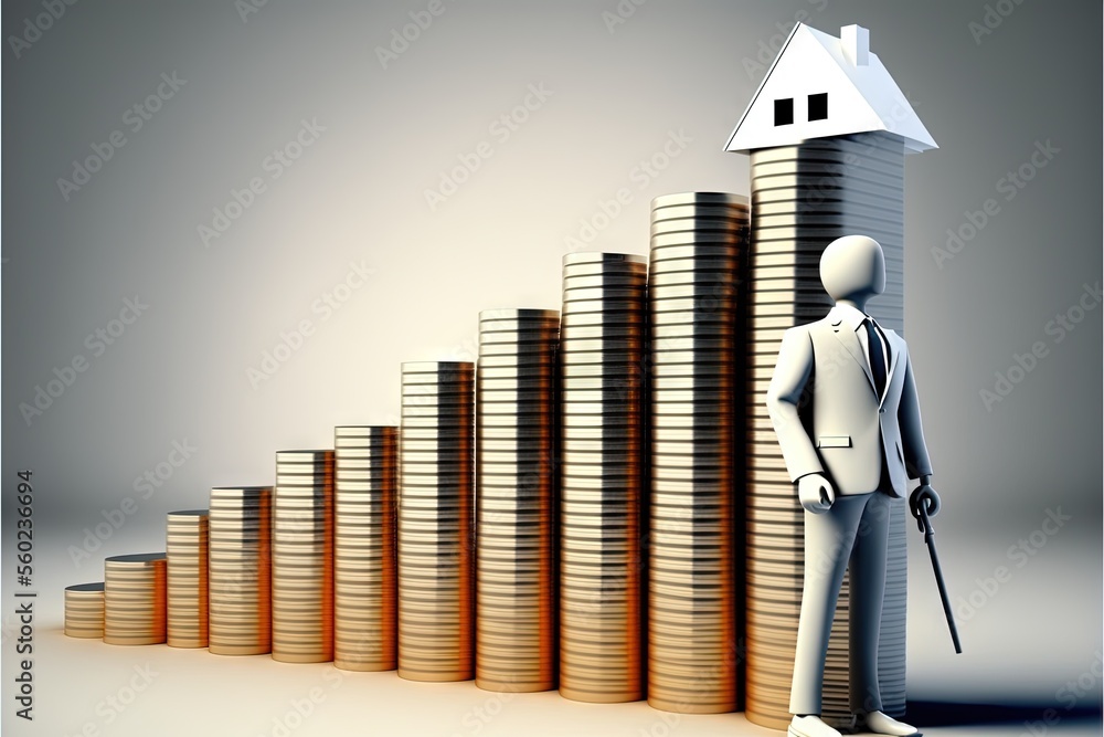 Poster a person standing in front of a stack of coins with a house on top of it and a gun in his hand, with