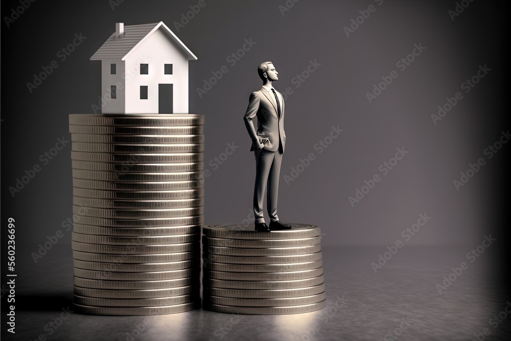 Aufkleber a man standing on top of a stack of coins with a house on top of it and a small model house on top o