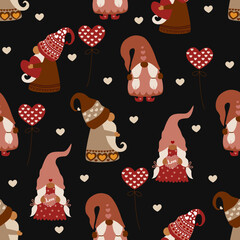 seamless pattern with valentine gnome on the black background