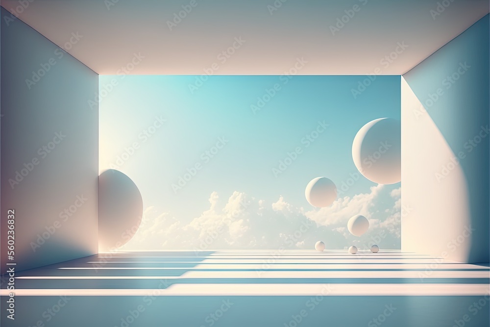 Aufkleber a room with a sky view and several balls floating in the air and a sky background with clouds and a 