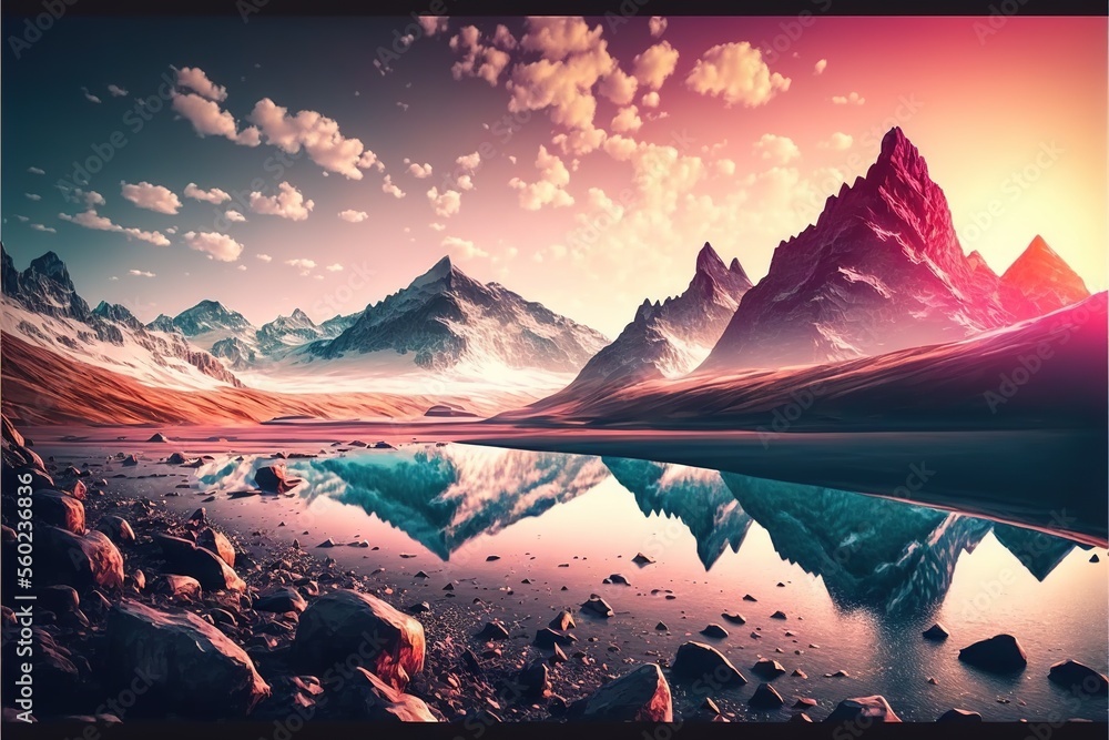 Poster a mountain range with a lake in the foreground and a sunset in the background with clouds in the sky