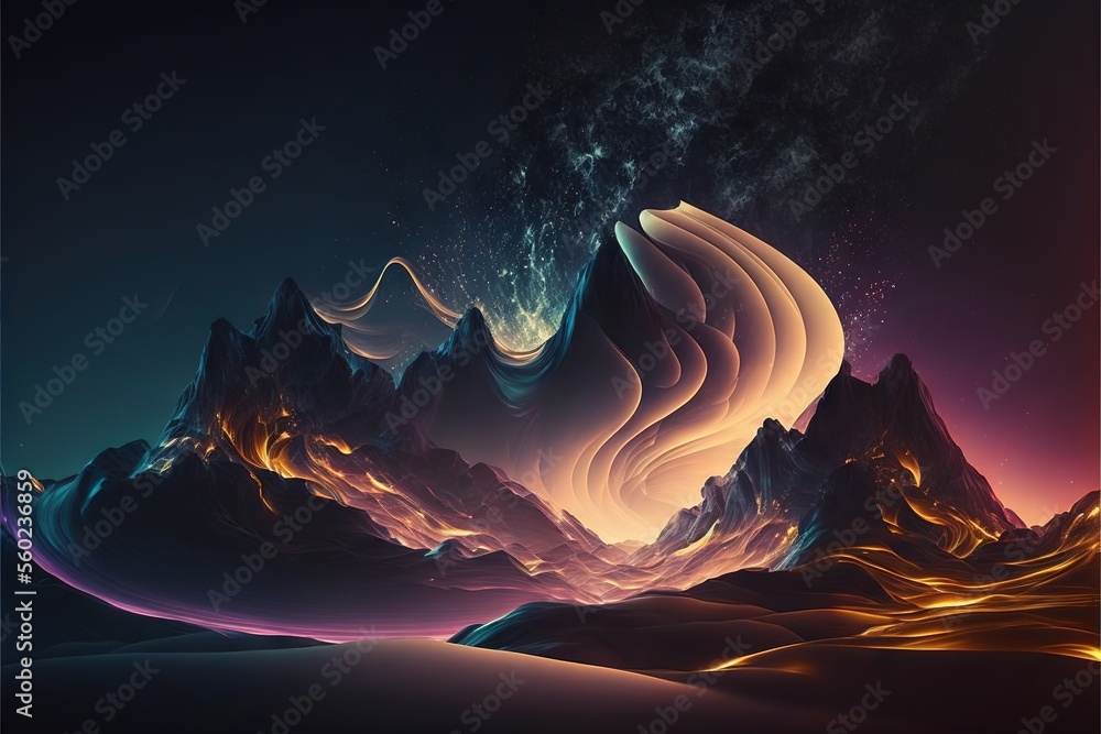 Aufkleber a computer generated image of a mountain range with a sky background and a star filled sky above it,