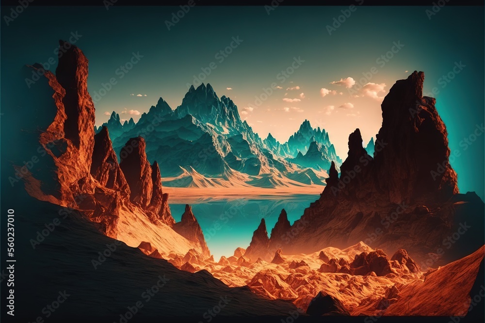 Poster a computer generated image of a mountain range with a lake below it and a sky background with clouds