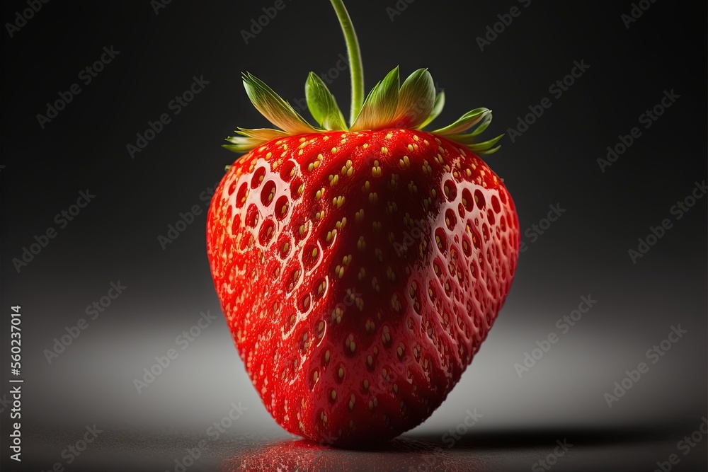 Poster a single strawberry is shown on a black background with a shadow of the fruit on the table and the t