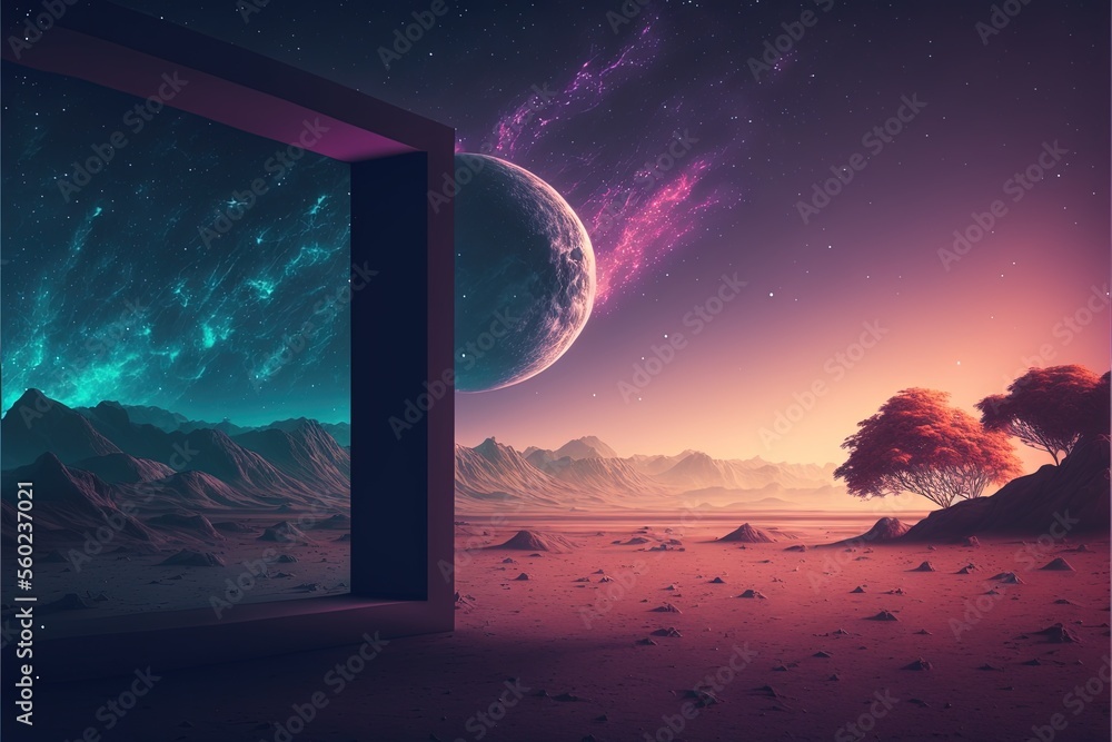 Poster a window view of a planet with a tree in the foreground and a distant sky with stars and planets in 