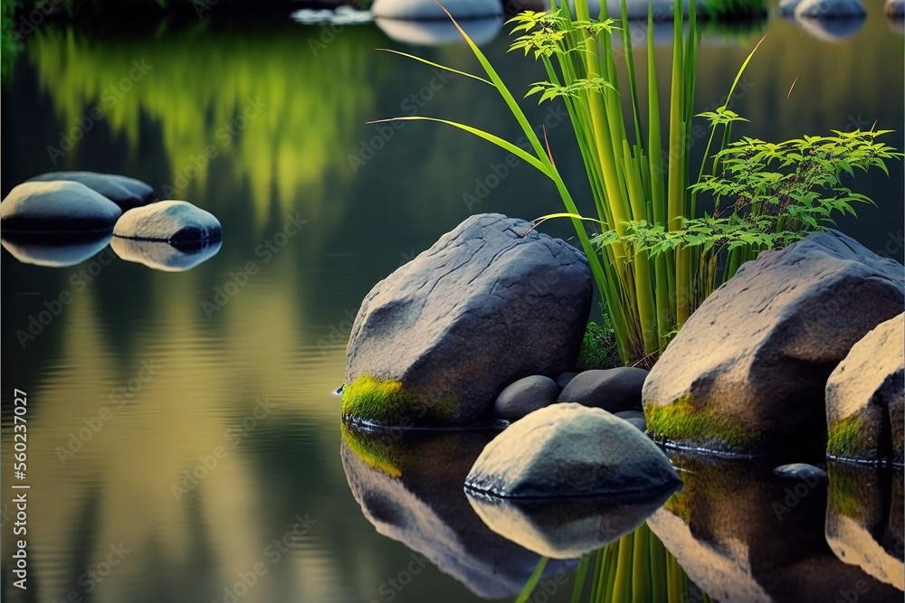 Poster a painting of a pond with rocks and grass in it and a few rocks in the water with grass growing out 