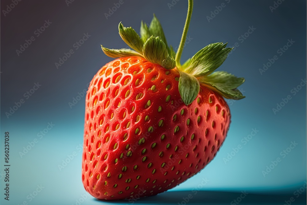 Poster a strawberry with a green stem on a blue background with a shadow of the fruit in the background is 