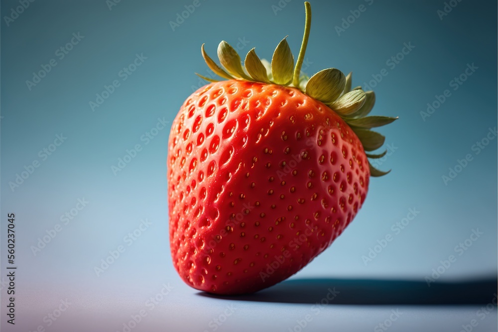Aufkleber a single strawberry is shown on a blue background with a shadow of the fruit on the table and the ba