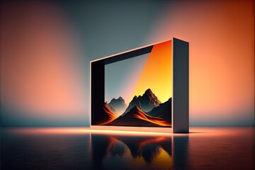  a picture of a mountain range in a box with a reflection on the floor and a bright light coming from the top of it, and a bright orange sky and orange background, with a.
