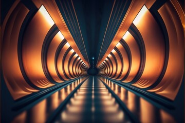  a tunnel with a long line of lights in it and a reflection on the floor in the middle of the tunnel is a dark room with a light at the end and a long line.