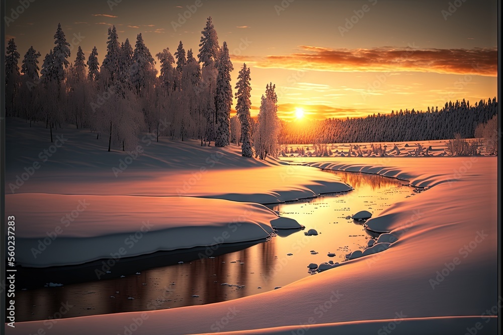 Poster a river running through a snow covered forest next to a forest covered with trees at sunset with a s