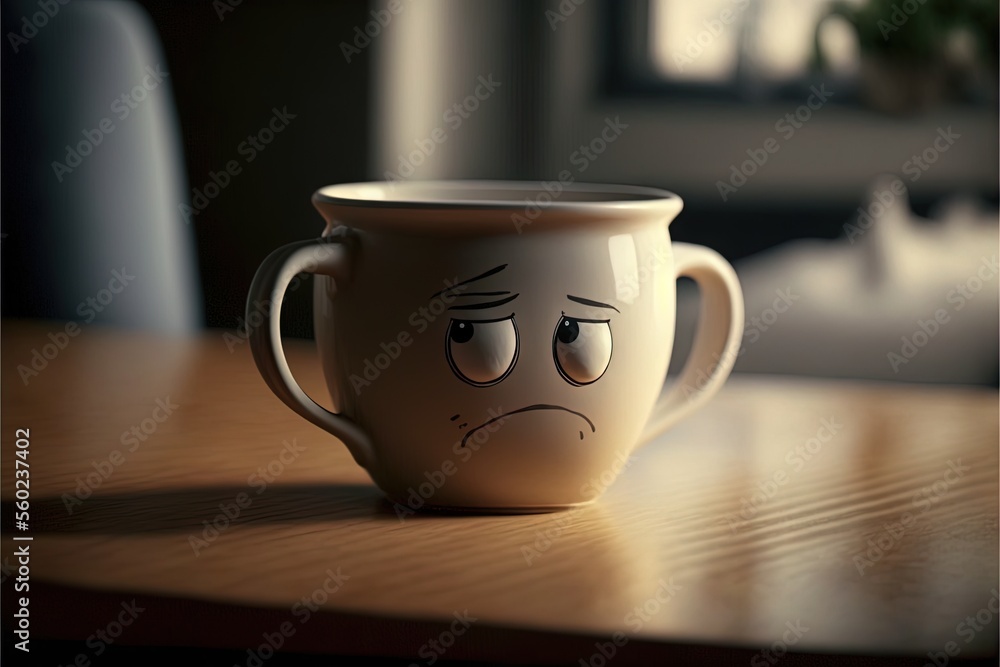 Poster a coffee cup with a sad face on it sitting on a table in a room with a cat in the background and a w