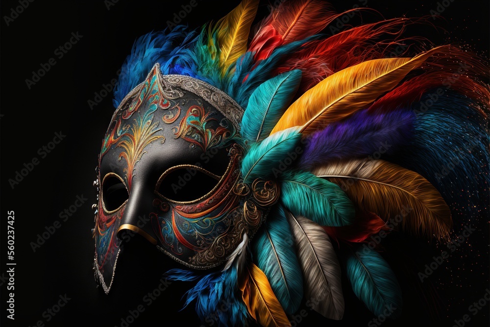 Poster a colorful mask with feathers on it on a black background with a black background and a black backgr