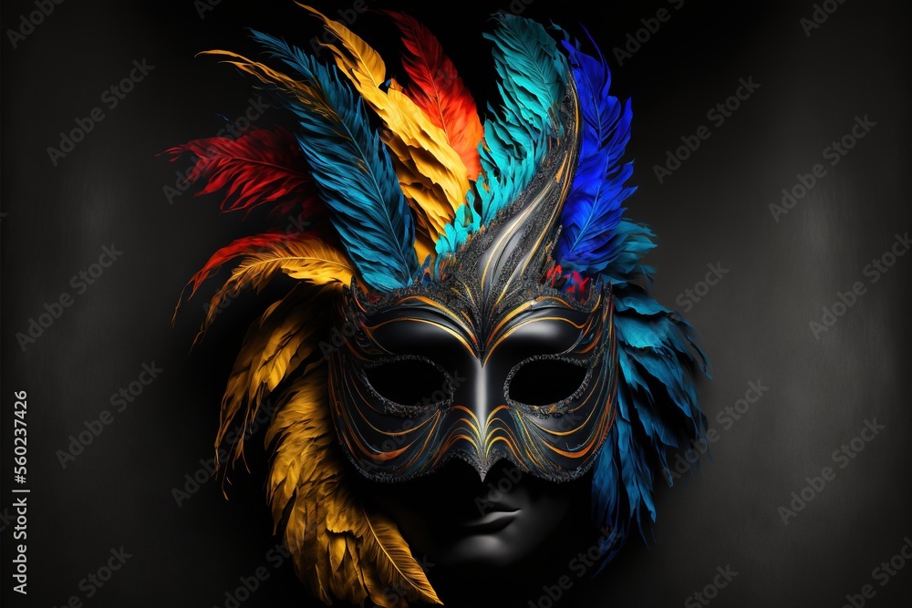 Poster a mask with feathers on it is shown in a dark background with a black background and a black backgro
