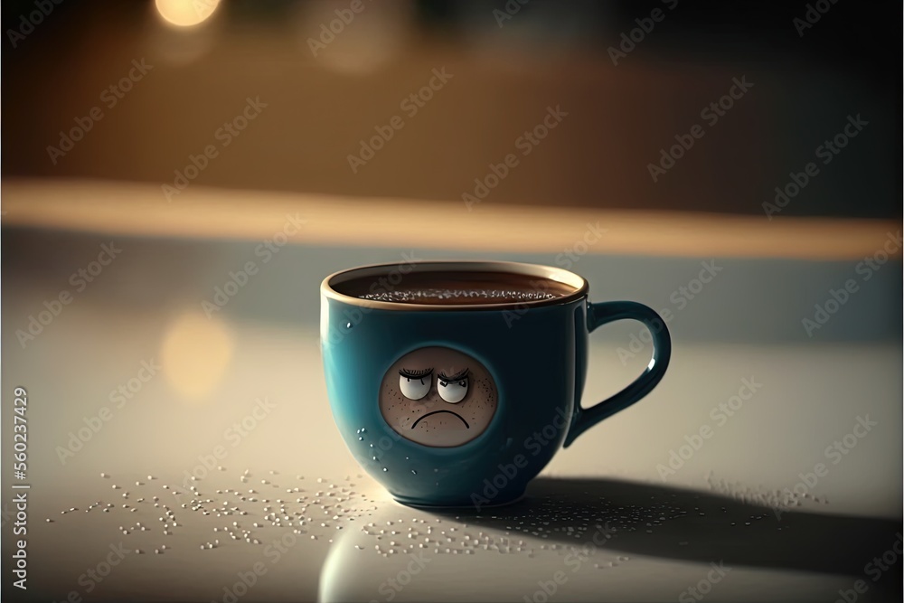 Poster a cup of coffee with a sad face drawn on it's side sitting on a table with a blurry background of a 