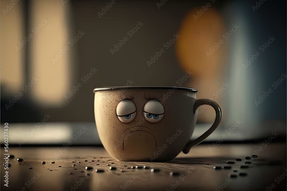 Poster a coffee cup with a sad face drawn on it's side sitting on a table with a spoon in front of it and a