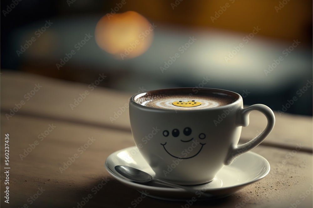 Poster a cup of coffee with a smiley face on it sitting on a saucer on a table with a blurred background of