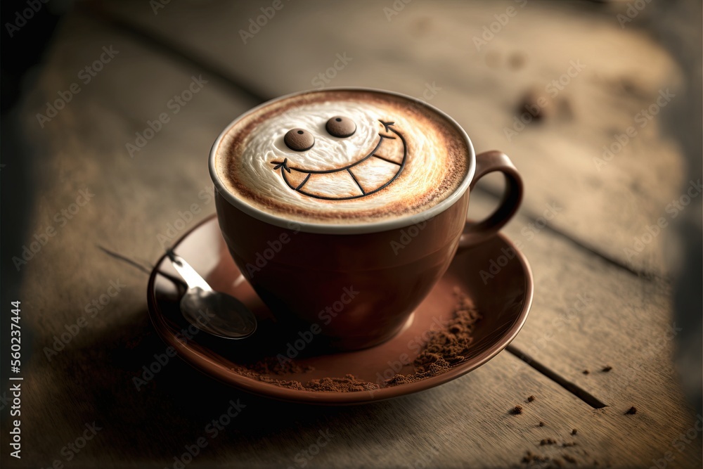 Poster a cup of coffee with a smiley face on it sitting on a saucer on a wooden table with a spoon in it an