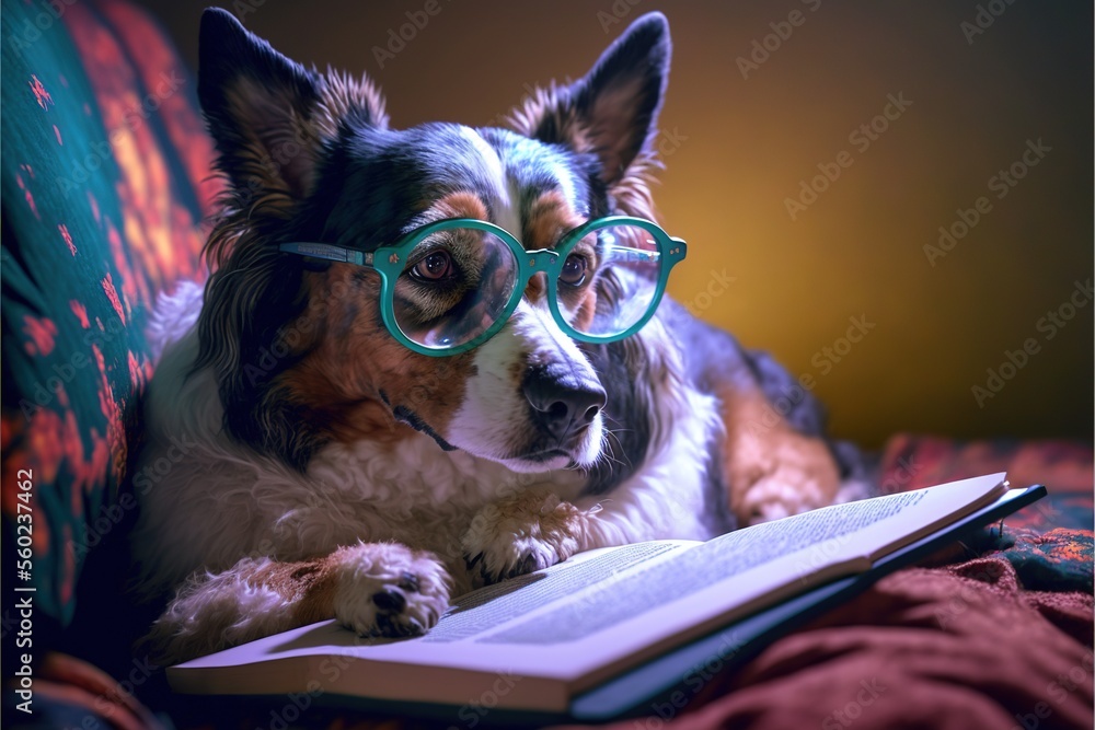 Aufkleber a dog wearing glasses while laying on a couch with a book in front of him and a book in front of him