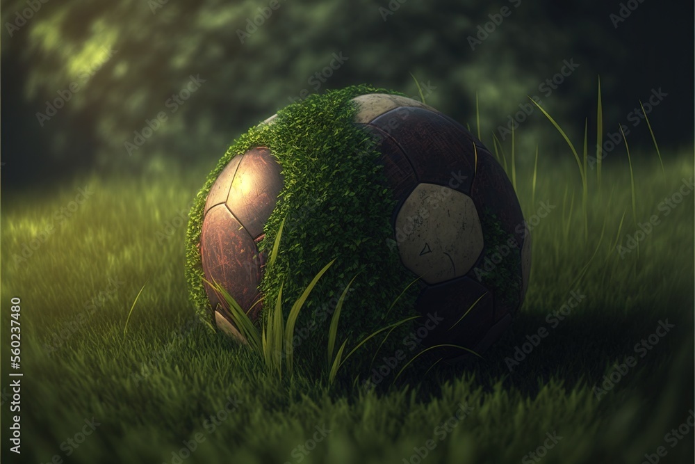 Poster a soccer ball sitting in the grass with a light on it's side and a tree in the background with a lig