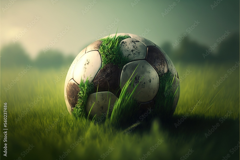 Poster a soccer ball sitting in the grass with a sky background and a green field behind it with trees in t
