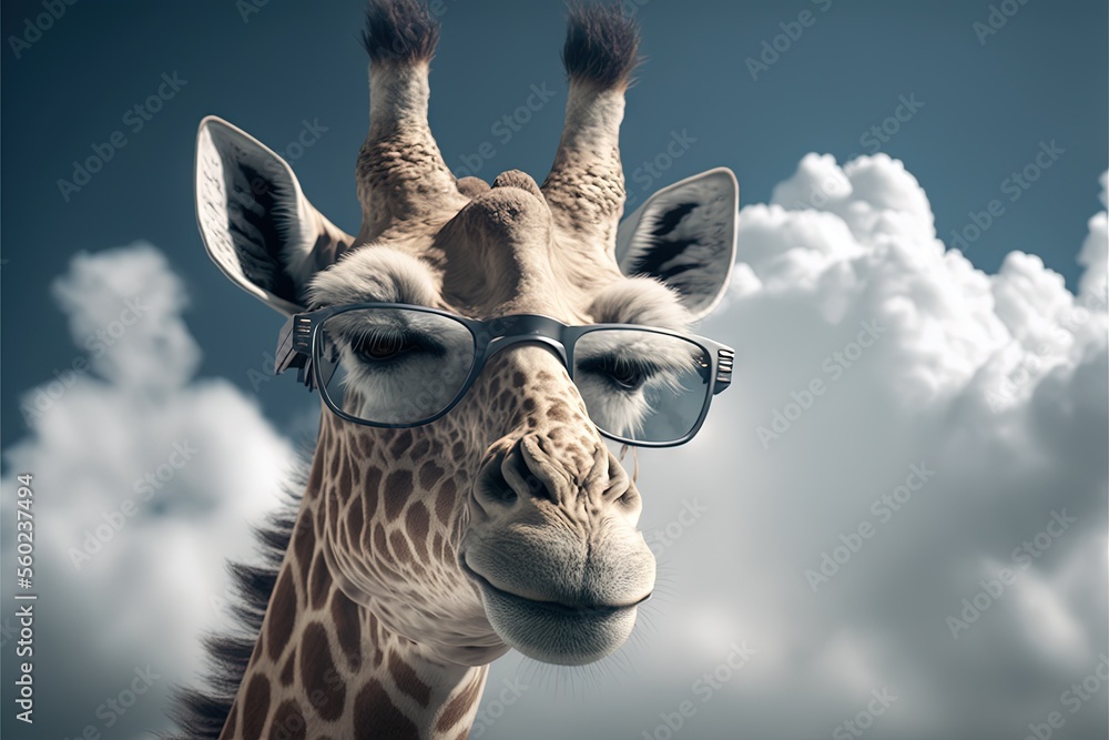 Poster a giraffe wearing glasses with a cloudy sky in the background with clouds in the background and a bl