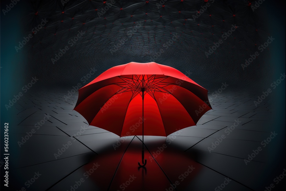 Poster a red umbrella is in a dark room with a person standing under it and a black background with red lig