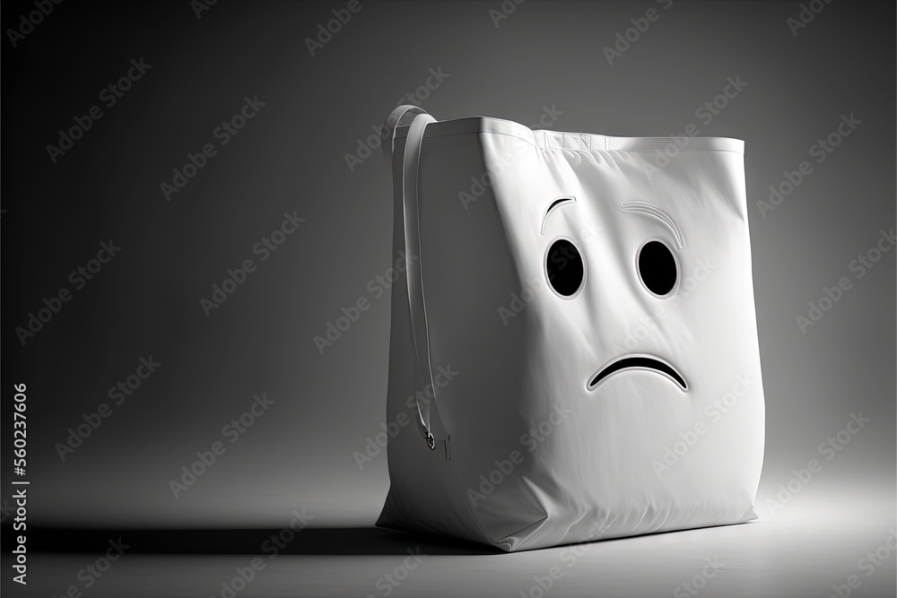 Poster a white bag with a sad face drawn on it's side and a zippered closure on the front of it, sitting on