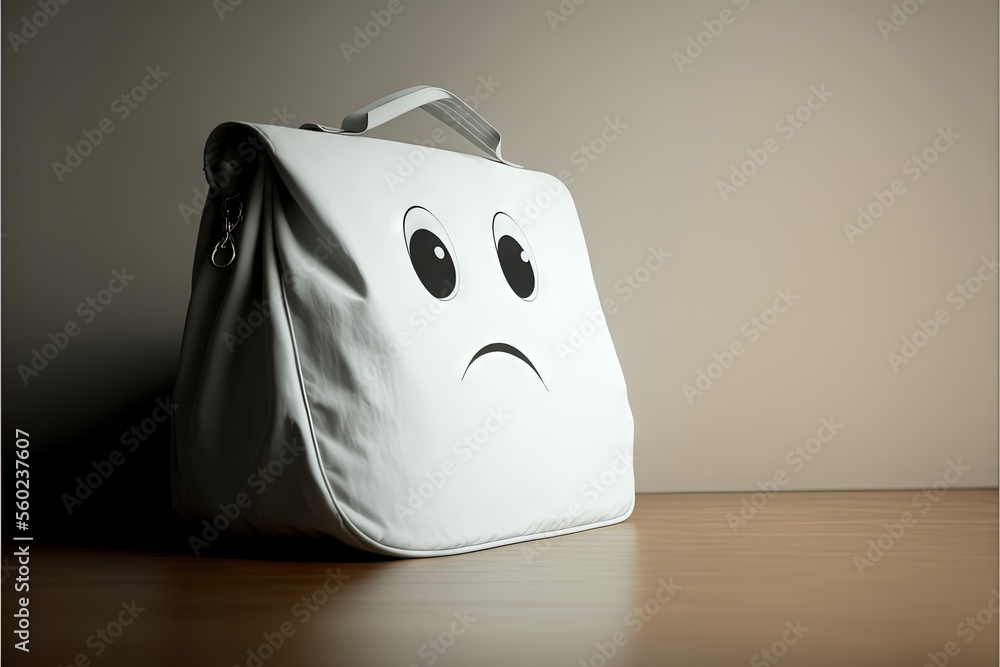 Poster a white bag with a sad face drawn on it's side sitting on a table with a gray background and a white