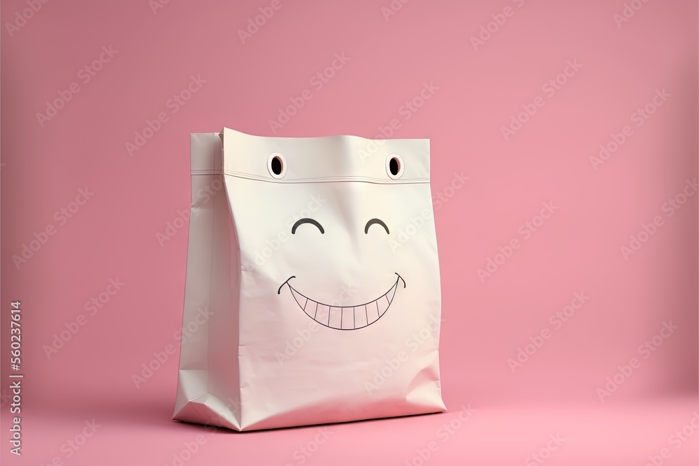Poster a white bag with a face drawn on it on a pink background with a pink background and a pink backgroun