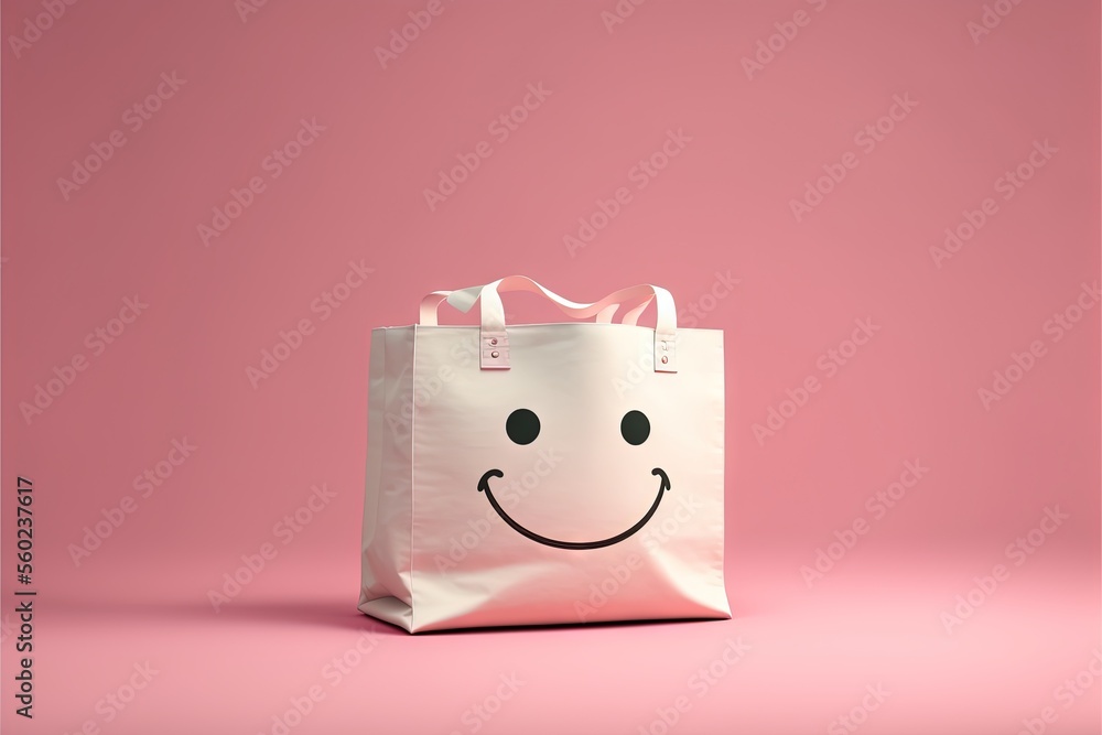 Poster a white bag with a smiley face on it on a pink background with a pink background and a pink backgrou