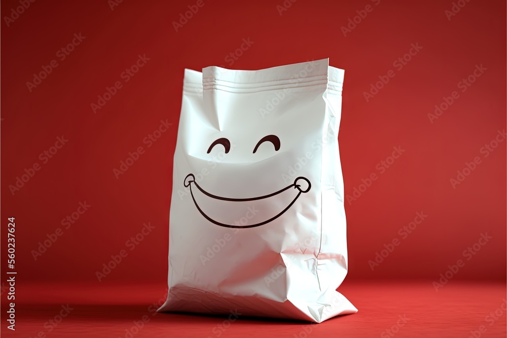 Poster a white bag with a smiley face drawn on it's side and a red background behind it, with a red backgro
