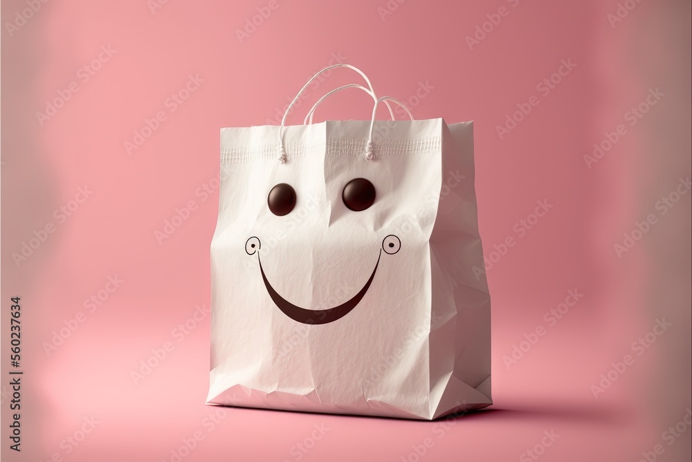 Poster a white bag with a smiley face on it's side and a pink background with a pink background and a pink 