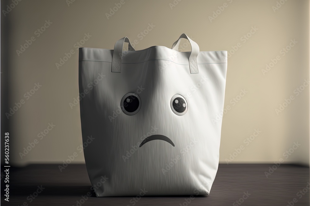 Poster a bag with a sad face drawn on it sitting on a table with a wall in the background and a wall in the