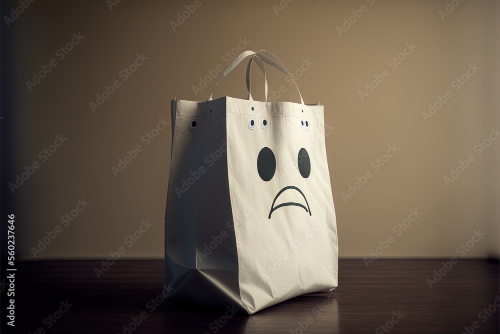 Poster a bag with a sad face drawn on it sitting on a table with a brown wall behind it and a white bag wit