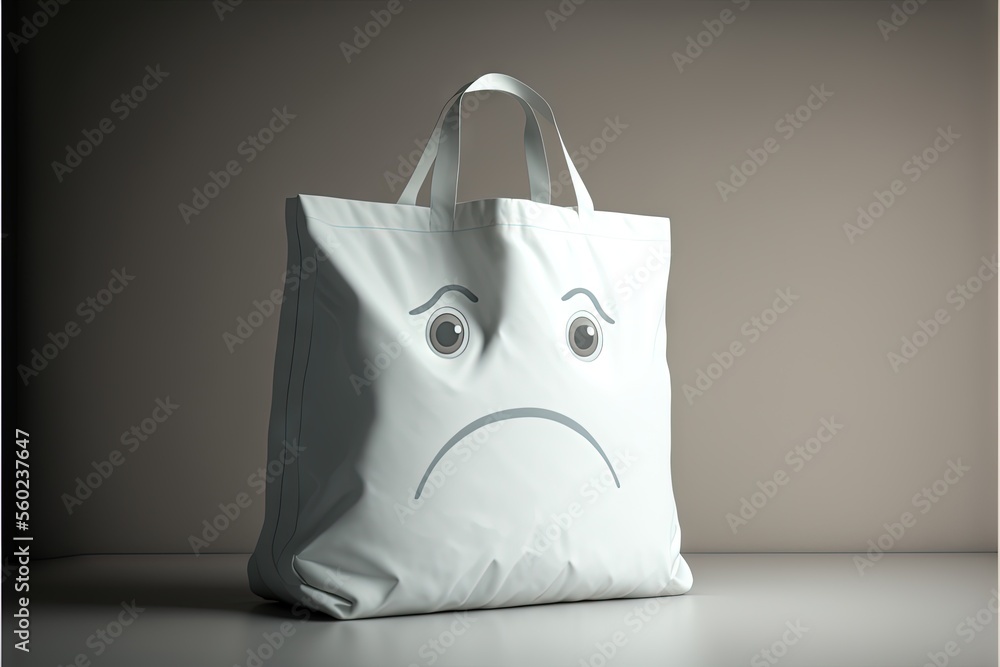 Poster a white bag with a sad face drawn on it's side and a white handle on the front of it, sitting on a t