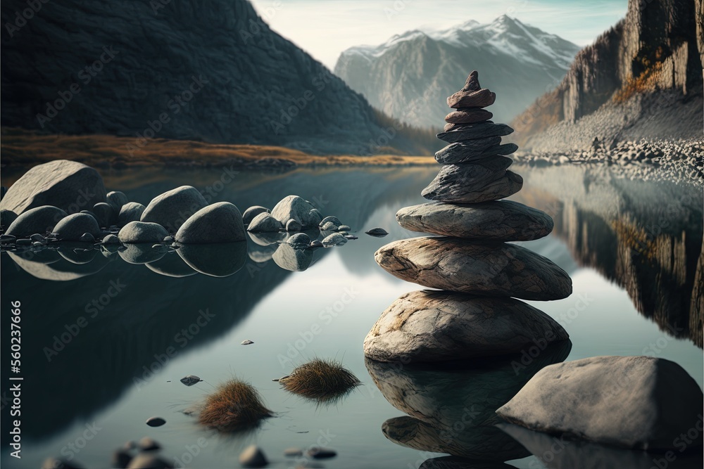 Poster a rock stack sitting on top of a lake surrounded by mountains and rocks in the water with a reflecti