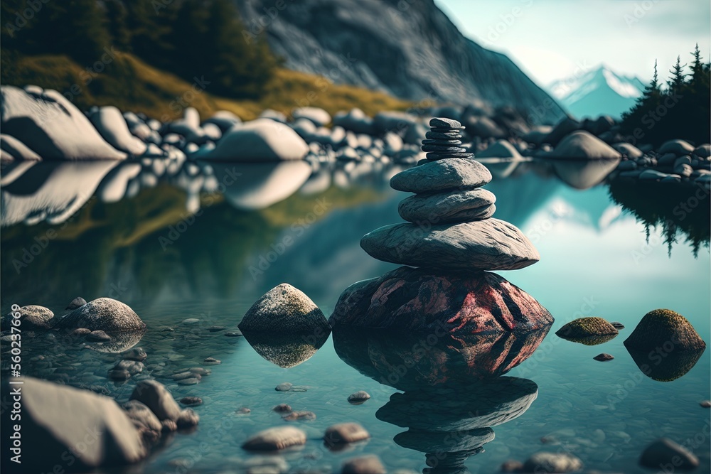 Poster a rock stack sitting on top of a lake surrounded by rocks and water with mountains in the background