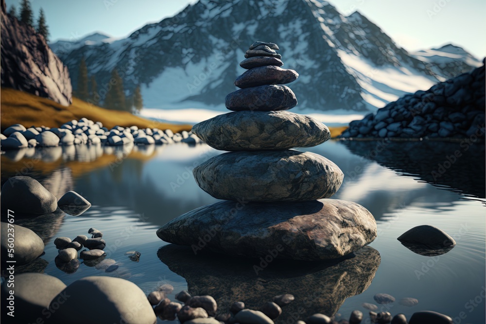 Poster a pile of rocks sitting on top of a lake next to a mountain range with a snow covered mountain in th
